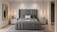 Plush Velvet Steel - Mayfair Luxury Panelled Bed – Premium Upholstered Bed Frame with Statement Headboard & Footboard