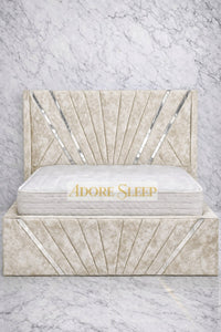 Crushed Velvet Cream - Bat Radiance Luxury Panel Bed Frame with Silver Strip – Upholstered