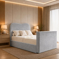 Plush Velvet Silver - Serene Luxury Curved TV Bed – Designer Upholstered Bed Frame with Integrated TV Footboard