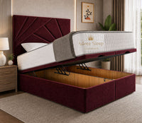 Plush Velvet Maroon - Meridian Abstract Geometry Ottoman Divan Bed | Luxury Hydraulic Storage Bed Frame
