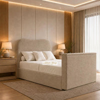 Naples Beige - Serene Luxury Curved TV Bed – Designer Upholstered Bed Frame with Integrated TV Footboard