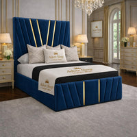 Plush Velvet Sapphire - Valentina Royale Luxury Upholstered Bed Frame – Statement Winged Headboard, Panelled Footboard