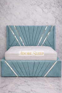 Plush Velvet Duck Egg - Bat Radiance Luxury Panel Bed Frame with Silver Strip – Upholstered