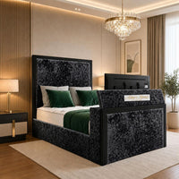 Crushed Velvet Black - Claridge Luxury Framed TV Bed – Premium Upholstered Bed Frame with Integrated TV Footboard