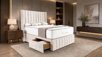 Crushed Velvet Cream - Valentina Vertical Luxe Divan Bed – Channelled Statement Headboard & Storage