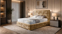 Crushed Velvet Gold - Dorchester Luxury Scalloped Panel Bed – Premium Upholstered Bed Frame with Statement Headboard