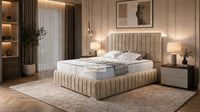 Plush Velvet Beige - Dorchester Luxury Scalloped Panel Bed – Premium Upholstered Bed Frame with Statement Headboard