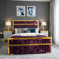 Crushed Velvet Aubergine - Aurelius Linear Upholstered Designer Bed | Luxury Gold Frame Statement Bed