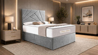 Plush Velvet Silver - Aurelia Geometric Luxe Divan Bed with Statement Panelled Headboard & Storage