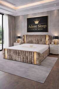 Crushed Velvet Mink - Spencer Luxury Curved Fluted Bed Frame with Gold Strip – Upholstered