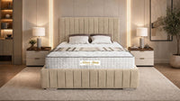 Plush Velvet Beige - Dorchester Luxury Scalloped Panel Bed – Premium Upholstered Bed Frame with Statement Headboard
