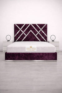 Crushed Velvet Aubergine - Regal Diamond Luxury Panel Bed Frame with Silver Strip – Upholstered