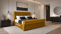 Plush Velvet Mustard Gold - Windsor Chesterfield Luxury Scroll Bed Frame