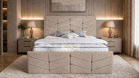 Naples Beige - Valentina Luxury Chevron Panel Bed – Designer Upholstered Bed Frame with Statement Headboard & Footboard