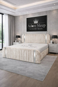 Crushed Velvet Cream - Spencer Luxury Curved Fluted Bed Frame with Gold Strip – Upholstered