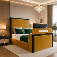 Plush Velvet Mustard Gold - Claridge Luxury Framed TV Bed – Premium Upholstered Bed Frame with Integrated TV Footboard