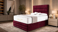 Plush Velvet Maroon - Monaco Luxe Luxury Divan Bed – Premium Upholstered Panelled Headboard with Storage