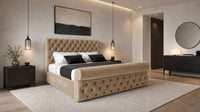 Plush Velvet Beige - Windsor Chesterfield Luxury Scroll Bed Frame