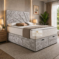 Crushed Velvet Champagne - Meridian Abstract Geometry Ottoman Divan Bed | Luxury Hydraulic Storage Bed Frame
