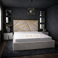 Plush Velvet Beige - Knightsbridge Regal Mosaic Luxury Panel Bed Frame with Gold Strip – Upholstered