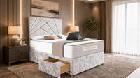 Crushed Velvet Cream - Aurelia Geometric Luxe Divan Bed with Statement Panelled Headboard & Storage