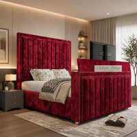 Crushed Velvet Red - Savoy Luxury Piped Panel TV Bed – Designer Upholstered Bed Frame with Integrated TV Footboard
