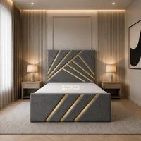Naples Slate Grey - Monaco Luxury Geometric Bed – Designer Upholstered Bed Frame with Metallic Inlay Detailing