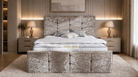 Crushed Velvet Mink - Valentina Luxury Chevron Panel Bed – Designer Upholstered Bed Frame with Statement Headboard & Footboard