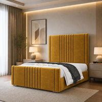 Plush Velvet Mustar Gold - Langham Luxury Centre Channel Bed – Premium Upholstered Bed Frame with Statement Headboard & Footboard