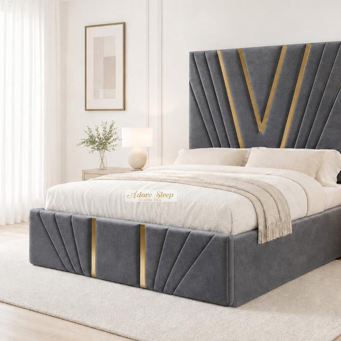 Naples Slate Grey - Monaco V-Line Luxury Geometric Ottoman Storage Bed
