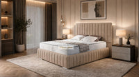 Naples Sand - Dorchester Luxury Scalloped Panel Bed – Premium Upholstered Bed Frame with Statement Headboard