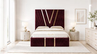Plush Velvet Maroon - Monaco V-Line Luxury Geometric Ottoman Storage Bed