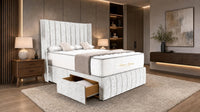 Crushed Velvet White - Valentina Vertical Luxe Divan Bed – Channelled Statement Headboard & Storage