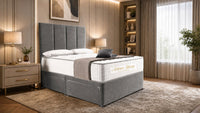 Plush Velvet Grey - Kensington Grande Luxury Divan Bed – Premium Upholstered Bed Frame with Tall Vertical Panel Headboard