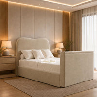 Plush Velvet Beige - Serene Luxury Curved TV Bed – Designer Upholstered Bed Frame with Integrated TV Footboard