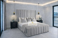 Naples Silver - Aurelia Grandeur Luxury Upholstered Panel Bed – Tall Vertical Channel Headboard & Deep Padded Frame