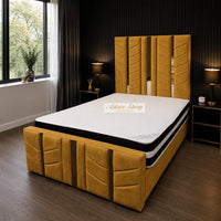 Plush Velvet Mustard Gold - Chevronne Luxury Chevron Panel Bed – Designer Upholstered Bed Frame with Metallic Inlay Detailing
