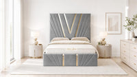 Plush Velvet Silver - Monaco V-Line Luxury Geometric Ottoman Storage Bed