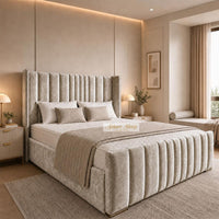 Crushed Velvet Champagne - Grosvenor Luxury Winged Panel Bed – Designer Upholstered Bed Frame with Statement Headboard & Footboard