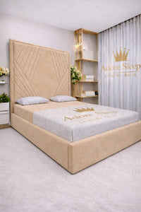 Naples Beige - Seraphina Luxe Geometric Upholstered Bed Frame | Luxury Designer Statement Bed