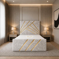 Crushed Velvet White - Monaco Luxury Geometric Bed – Designer Upholstered Bed Frame with Metallic Inlay Detailing