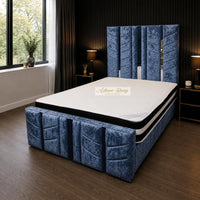 Crushed Velvet Denim Blue - Chevronne Luxury Chevron Panel Bed – Designer Upholstered Bed Frame with Metallic Inlay Detailing