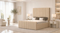 Plush Velvet Beige - Langham Column Luxury Panelled Ottoman Storage Bed
