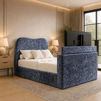 Crushed Velvet Denim Blue - Serene Luxury Curved TV Bed – Designer Upholstered Bed Frame with Integrated TV Footboard