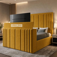 Plush Velvet Mustard Gold - Belgravia Luxury TV Bed – Statement Panel Upholstered Bed Frame with TV Footboard