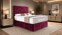 Crushed Velvet Aubergine - Aurelia Geometric Luxe Divan Bed with Statement Panelled Headboard & Storage