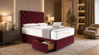 Plush Velvet Maroon - Regency Diamond Luxury Divan Bed – Deep Button-Tufted Headboard with Premium Upholstered Frame & Storage