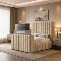 Crushed Velvet Gold - Mayfair Luxury Channelled TV Bed – Premium Upholstered Bed Frame with Integrated TV Footboard