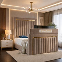 Naples Mink - Kensington Luxury TV Bed – Upholstered Bed Frame with Statement Panel Headboard & TV Footboard