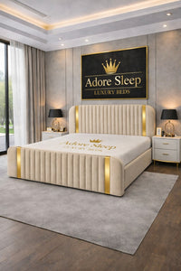 Naples Cream - Spencer Luxury Curved Fluted Bed Frame with Gold Strip – Upholstered